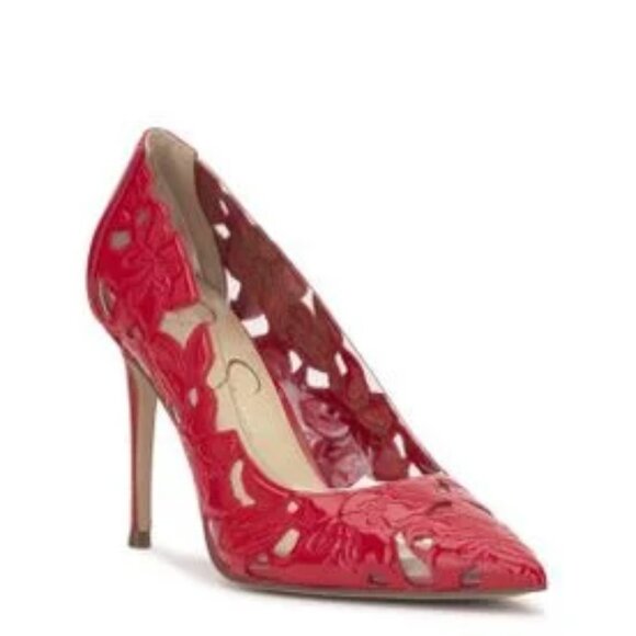 NWOJESSICA SIMPSON 'Erinia Red Patent Pointed Toe Cut-Out Floral Heel Pumps 8.5M - Picture 2 of 4
